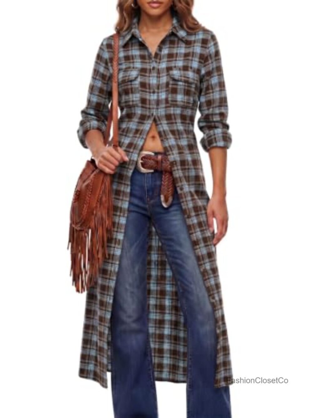 Womens Plaid Shacket Button Down Long Flannel Shirt Jacket